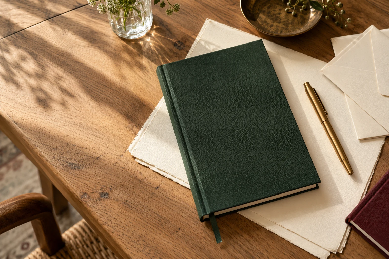 Illustrative still life of a green notebook, ivory stationery and brass-tone pen